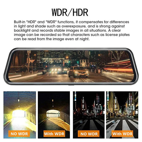 WDR/HDR feature on 10 Inch Full Touch Screen Rear View Mirror Dash Cam With Front And Rear 1080P Cameras.