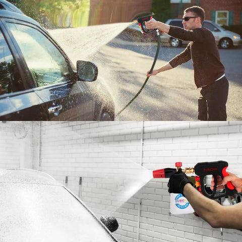 Person using Foam Cannon For Pressure Washer Gun Kit With 1 Quarter Inch Quick Connect, 5 Nozzle Tips, 3 Eighths Inch Swivel Connector.