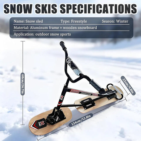 All Terrain Snow Scooter With 360-Degree Steering And 330 Lbs Load Capacity, shown with aluminum frame and wooden snowboard