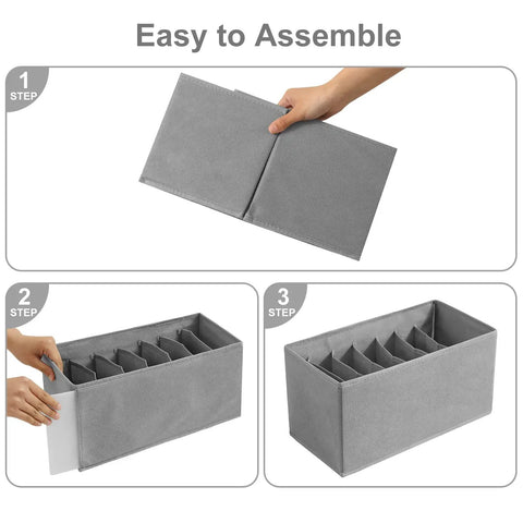 Three Pack Clothes Organizer Bins With Seven Grid Compartments assembly steps, showing foldable design and compartment setup.