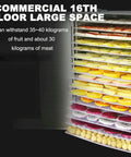 Top-Shelf Commercial Food Dehydrator With 16 Stackable Trays showing trays filled with colorful fruits and meats.