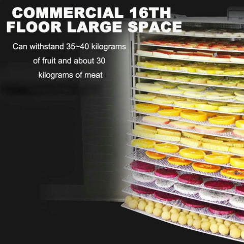 Top-Shelf Commercial Food Dehydrator With 16 Stackable Trays showing trays filled with colorful fruits and meats.