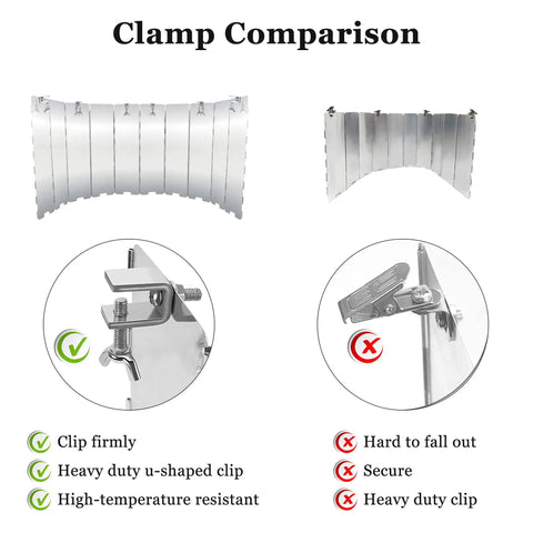 Clamp comparison of Heat Boost Patio Heater Reflector Shield Upgraded 12 Inch Height Directs Heat Exactly Where You Want No Wasted Heat