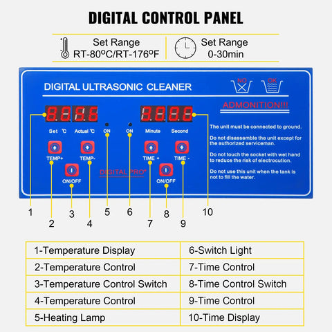 Digital control panel for ultrasonic record cleaner displaying temperature and time settings for efficiency.  Keep Your Wax Crack Free With This Sleek Six Liter Ultrasonic Record Cleaner Holds Eight Vinyl Spinners Features Rust Proof Steel And Automatic Drying Rack For Fresh Turntables.