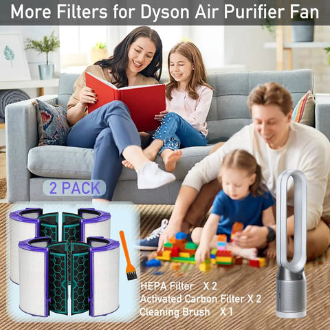 Two Pack Air Purifier Filter Replacement For TP04 HP04 DP04 TP05 DP05 with family in living room, filters and purifier fan visible