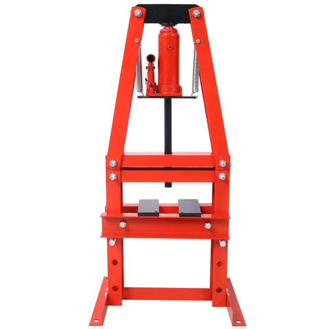 Heavy Duty Six Ton Hydraulic Shop Press With A Frame Benchtop And Adjustable Garage Floor Design Built Tough Carbon Steel Construction Includes Press Plates in red color.