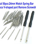 50Pcs 18mm Watch Spring Bars Replacement Kit With 1.5mm Diameter Stainless Steel Pins Double Flanged Ends Includes Watch Band Remover Tool For Easy Strap Swaps Durable 18mm Width Fits Most 18mm Bands displayed with screwdrivers