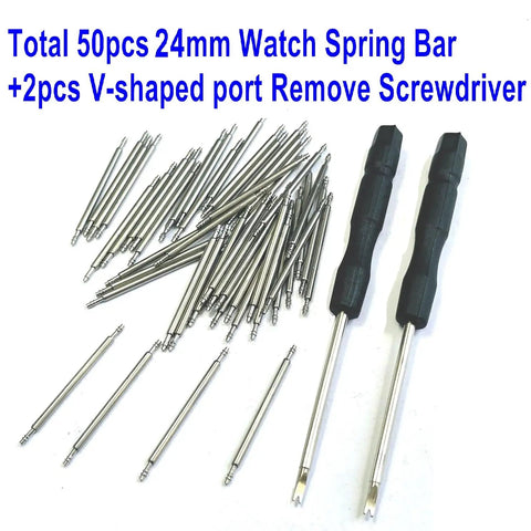 50Pcs 18mm Watch Spring Bars Replacement Kit With 1.5mm Diameter Stainless Steel Pins Double Flanged Ends Includes Watch Band Remover Tool For Easy Strap Swaps Durable 18mm Width Fits Most 18mm Bands displayed with screwdrivers