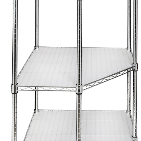 Solid Five Tier Corner Shelf With Sleek Chrome Finish And Fully Adjustable Heights Featuring Clear Protective Liners For Zero Sweat No Tool Assembly And Clean Space Saving Storage That Really Slaps In Any Room