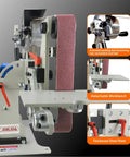 Heavy Duty Badass 2X72 Belt Grinder Sander Workbench With 1500W Pure Copper Motor showcasing tensioning rod and detachable workbench.