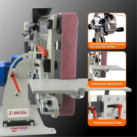 Heavy Duty Badass 2X72 Belt Grinder Sander Workbench With 1500W Pure Copper Motor showcasing tensioning rod and detachable workbench.