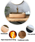SDVantage Gold Rectangle Bathroom Vessel Sink, Ceramic Countertop Basin Sink Retro Industrial Style for M on wooden table, high texture.