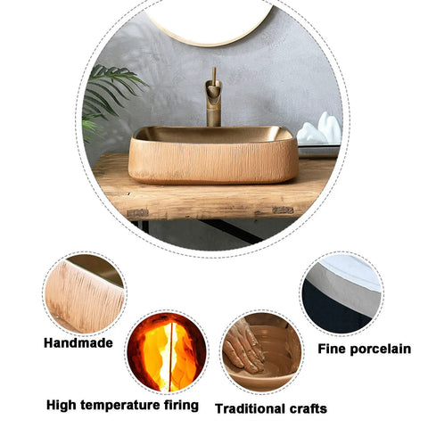 SDVantage Gold Rectangle Bathroom Vessel Sink, Ceramic Countertop Basin Sink Retro Industrial Style for M on wooden table, high texture.