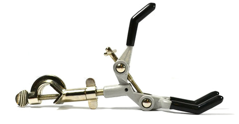 Heavy Duty Die Cast Lab Clamp With PVC Coated Prongs For Beaker And Flask Holders, 3.5 Inch Diameter Capacity, Three Finger Wide Jaws