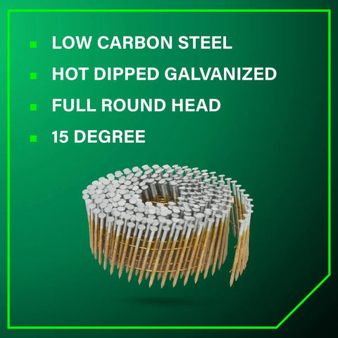 Coil Siding Nails 3,600 Count 1-3/4 Inch By.092 Inch 15 Degree Full Round Head Ring Shank Wire Coil Hot Dipped Galvanized Steel