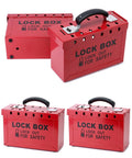 Real Heavy Duty Steel Lockout Tagout Group Lock Box 4 Pack With 12 Padlock Slots Built Like A Tank For Crew Safety And Site Compliance Boss Approved Red Workstation For Everyday Grind, showing red steel lockout boxes.