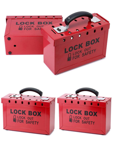 Real Heavy Duty Steel Lockout Tagout Group Lock Box 4 Pack With 12 Padlock Slots Built Like A Tank For Crew Safety And Site Compliance Boss Approved Red Workstation For Everyday Grind, showing red steel lockout boxes.