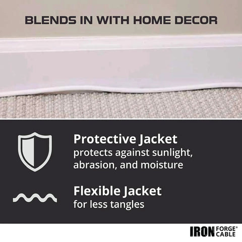 Illustration showing features of Weatherproof 50 Ft Outdoor Extension Cord White 16 Gauge 3 Conductor SJTW Heavy Duty 3 Prong 13 Amp Cable