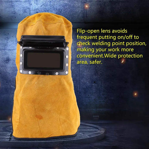 Leather Welding Mask With Flip Lens Adjustable Hood Sweat Absorbing Heat Resistant And Breathable Face Shield For Welding Jobs At Shops And Industrial Workplaces