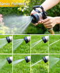 Heavy Duty Fireman Style Hose Nozzle With Eight Spray Patterns, Lever Control Ergonomic Grip in use on a garden lawn.
