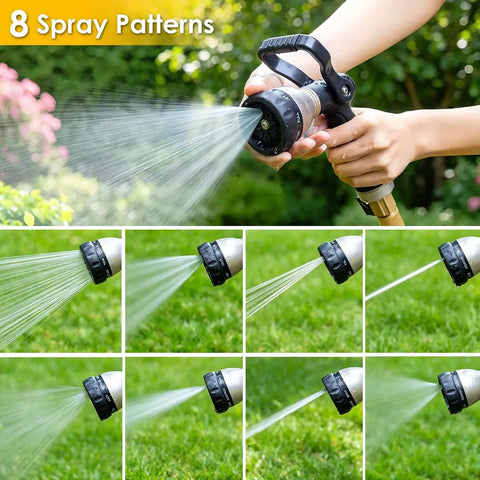 Heavy Duty Fireman Style Hose Nozzle With Eight Spray Patterns, Lever Control Ergonomic Grip in use on a garden lawn.