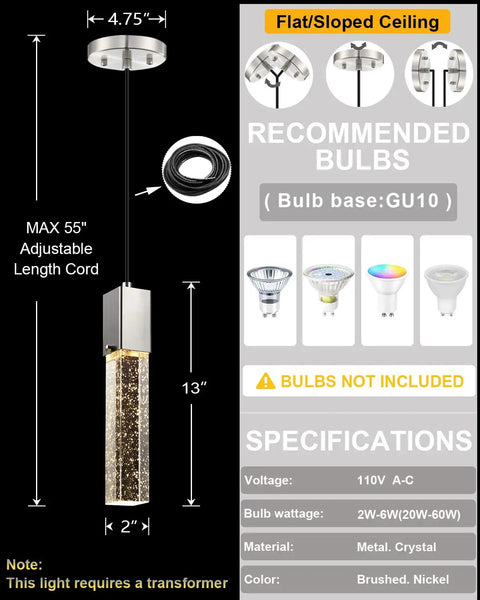 Crystal Pendant Lights For Kitchen Island Dope Brushed Nickel 3 Pack Modern Hanging Ceiling Fixtures UL Listed dimensions and specs