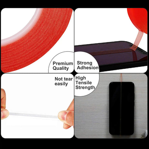 2mm and 3mm by 25M LCD Touch Screen Repair Tape for Phones Tablets Laptops and Cameras Clear Double Sided Adhesive Waterproof Strong Bond Easy Peel High Transparency Ideal for DIY Screen Repairs shown with premium quality features and red roll in use