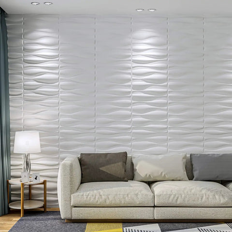 White 3D Wall Panels Dope Wave Design PVC Waterproof Paintable Durable Plastic Accent Wall Tiles, living room installation