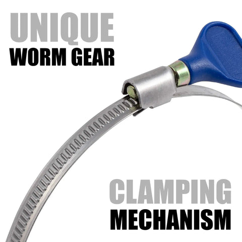 Close-up of a 4 Inch Thumb Screw Key Adjustable 304 Stainless Steel Hose Clamp with blue key showing unique worm gear mechanism.