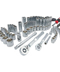 105 Piece Mechanics Tool Set With SAE And Metric Sockets, One Quarter Inch And Three Eighth Inch Drive, arranged on white background