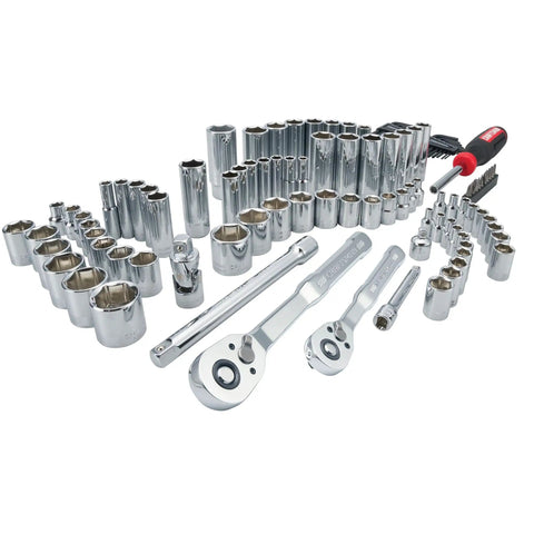 105 Piece Mechanics Tool Set With SAE And Metric Sockets, One Quarter Inch And Three Eighth Inch Drive, arranged on white background