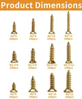 Product dimensions of 1300 Piece Wood Screw Kit Featuring M2 M2.5 M3 Flat Head self tapping screws in various sizes with quantities.