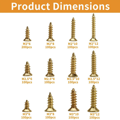 Product dimensions of 1300 Piece Wood Screw Kit Featuring M2 M2.5 M3 Flat Head self tapping screws in various sizes with quantities.