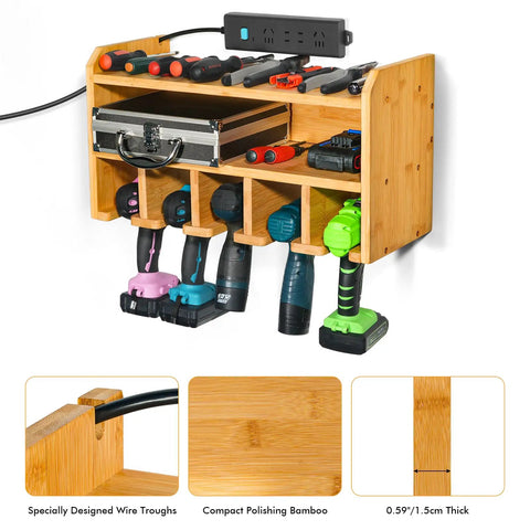 Drill Charging Station and Wall Mounted Tool Organizer for Power Tools in bamboo with slots and shelf for storage in workshop.