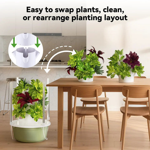 Indoor Vertical Hydroponics Growing Tower With 7 Layer 28 Pod System And Foldable LED Light in a dining room setup.
