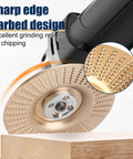 Close-up of a wood carving disc in use, part of the All In One Pro Grade Wood Carving Disc Kit For Angle Grinders, Five Piece Set.