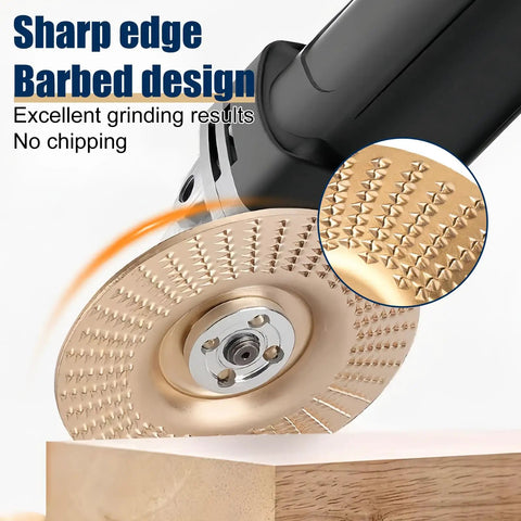 Close-up of a wood carving disc in use, part of the All In One Pro Grade Wood Carving Disc Kit For Angle Grinders, Five Piece Set.