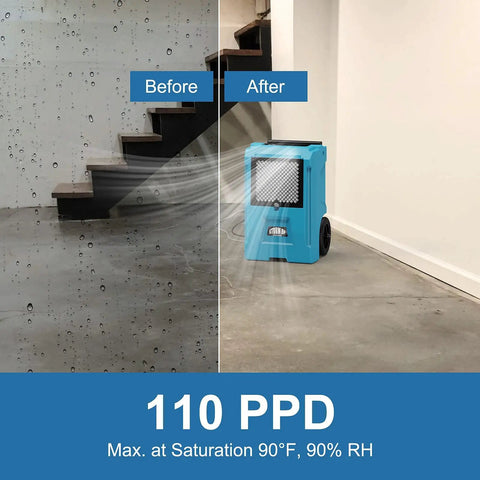 Commercial Grade Dehumidifier With 110 Pint Daily Capacity And Built In Condensate Pump for large basements with reduced moisture.