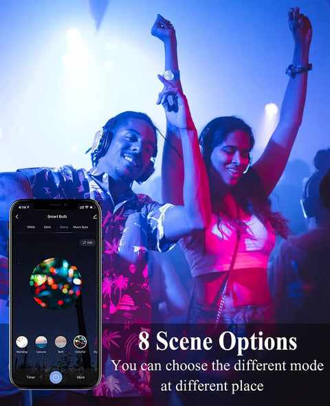 Smart E12 Base LED Bulbs 8 Pack RGB Color Changing in action at night party with mobile control, showing scene options.