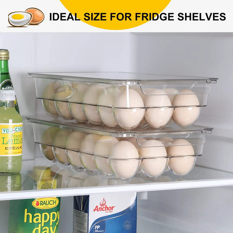 2 Pack Stackable 18 Egg Holder For Refrigerator With Lids showing clear bins storing eggs in fridge, food grade plastic.