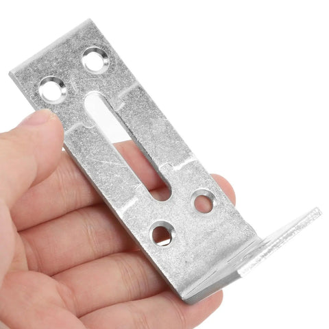 Close-up of a Six Pack Stainless Steel L Shaped Shelf Brackets With Slotted Holes Adjustable Corner Braces Heavy Duty Right Angle