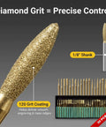 Close-up of a burr from 30 Piece Diamond Rotary Tool Bits Set Pro Grade For Engraving And Carving 120 Grit Burrs One Eighth Inch Shank Dremel Compatible Diamond Burrs For Stone Glass Jewelry Making Etching And Detailing, showcasing diamond grit texture.