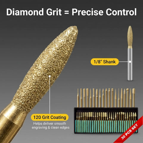 Close-up of a burr from 30 Piece Diamond Rotary Tool Bits Set Pro Grade For Engraving And Carving 120 Grit Burrs One Eighth Inch Shank Dremel Compatible Diamond Burrs For Stone Glass Jewelry Making Etching And Detailing, showcasing diamond grit texture.