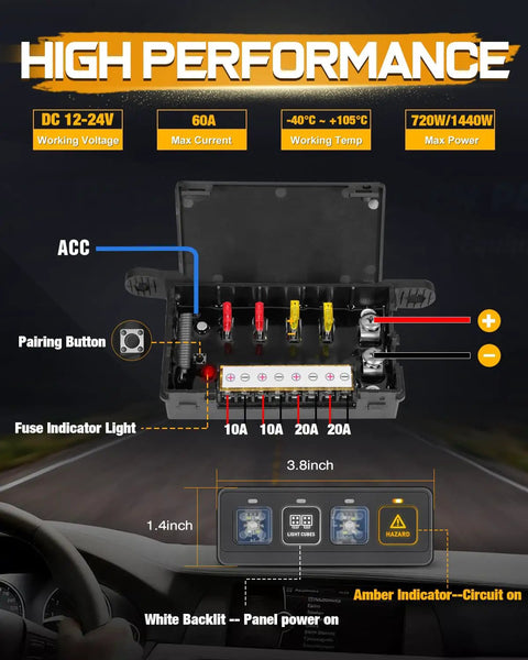Wireless 4 Gang Switch Panel for Offroad LED Lights and Accessories Universal 12V Relay System Control Box open view