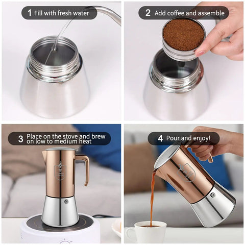 Premium Italian Espresso Maker 12 Cup Moka Pot In Stainless Steel With Copper PVD Finish Induction Compatible No Aluminum 20 Oz Coffee Pot For Rich Flavor And Clean Taste Barista Level At Home showing assembly and brewing steps
