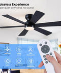 46 Inch Low Profile Ceiling Fan With Light And Remote Control, Black Modern Flush Mount Design with dimmable LED lights.