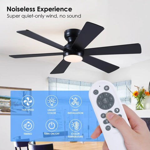 46 Inch Low Profile Ceiling Fan With Light And Remote Control, Black Modern Flush Mount Design with dimmable LED lights.