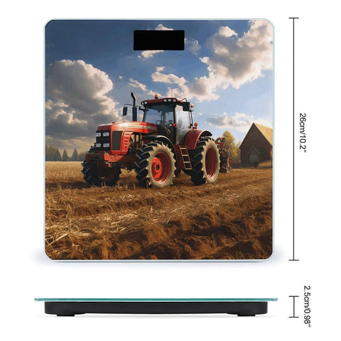 Farm Tractor Inspired Digital Weight Scale With Tempered Glass Platform High Precision Readout Slim Compact Bathroom Scale