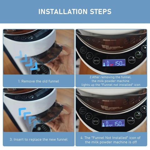 Two-pack replacement funnel and cover for Baby Brezza Formula Pro Advanced dispenser; installation steps collage.