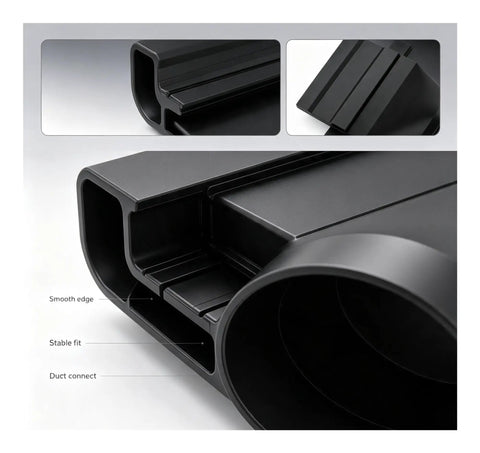 Close-up of the Straight Flow Under Garage Door Vent With Heavy Duty 6 Inch Duct Adapter, showcasing smooth edges and duct connection.